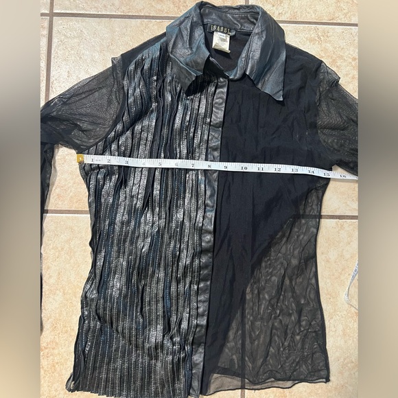 Vintage Isabel Sheer Leather Trim Button Up Collared Glam Y2K Blouse Women’s XS - Picture 9 of 10